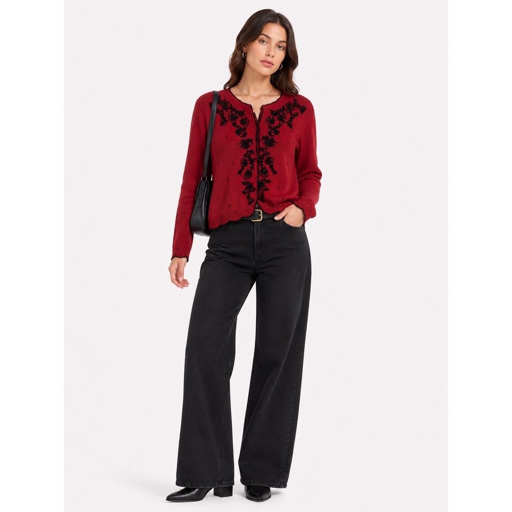 Carolyn Taylor Cardigan Women Medium Red Beaded Floral Embroidered Knit Sweater
